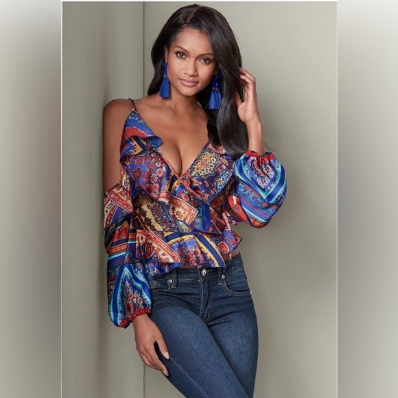 VENUS Tops - Venus Wrap Satin Blouse Print Cold Shoulder Peplum New Colorful Women’s Size 8 M